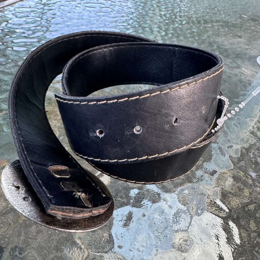 Genuine Black Leather Wide Belt Oversized Silver Medallion Buckle Western Boho